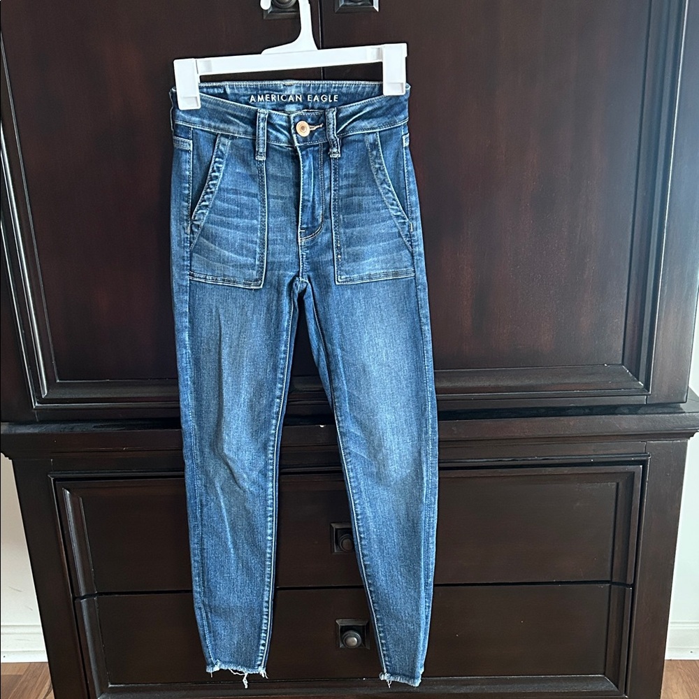 American Eagle Outfitters Dark Blue Skinny Jeans with Front Patch Pockets
